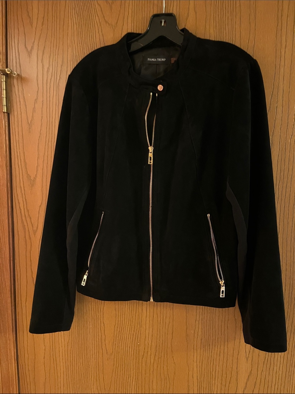 Ivanka Trump Black Suede Bomber Jacket with Gold Zippers